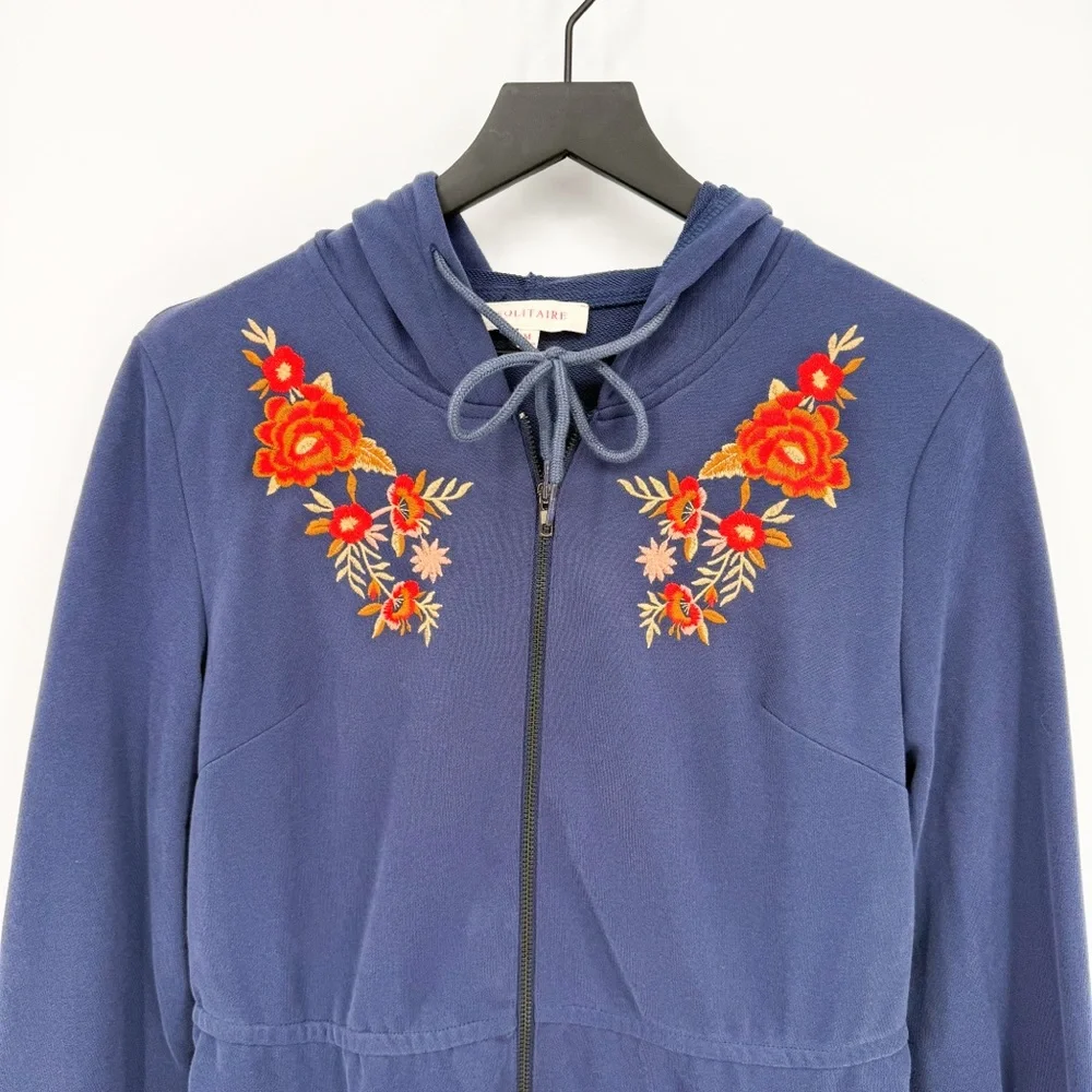 Solitaire Floral Embroidered Casual Zipper Front Hoodie Blue Medium